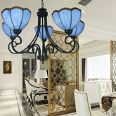 Yellow/Blue Tiffany Stained Glass Chandelier: Scalloped Style - 5-Light Pendant Lighting for Living Room - This eye-catching scalloped chandelier pendant light is a perfect addition to your living room decor. Made of stunning yellow and blue stained glass,
